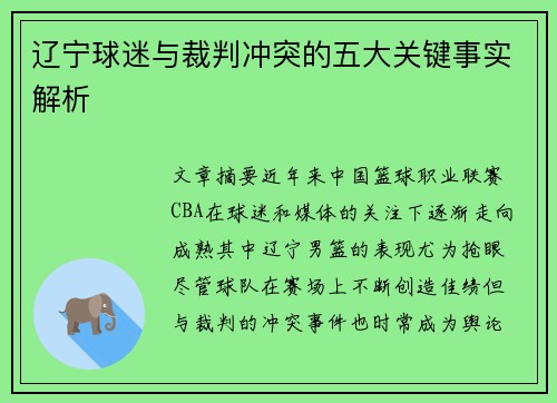 辽宁球迷与裁判冲突的五大关键事实解析