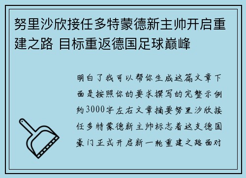 努里沙欣接任多特蒙德新主帅开启重建之路 目标重返德国足球巅峰 努里沙欣接任多特蒙德新主帅开启重建之路 目标重返德国足球巅峰