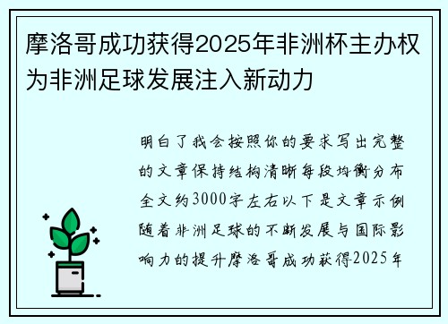 摩洛哥成功获得2025年非洲杯主办权为非洲足球发展注入新动力 摩洛哥成功获得2025年非洲杯主办权为非洲足球发展注入新动力